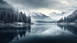 Fototapeta Góry - Silvery winter reflections in the alpine lake at dawn with magical misty atmosphere.