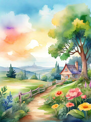 Wall Mural - Watercolor summer idyllic landscape, fields and meadows full of flowers, children story book style  illustration.