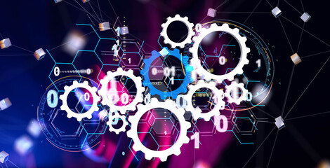 Poster - Neural network 3D illustration. Big data and cybersecurity