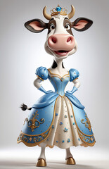 Wall Mural - Anthropomorphic caricature COW Wearing a cinderella-dress clothing, standing, full body view, isolated on white paper background