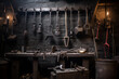 Blacksmith shop interior with different work tools. Generative AI