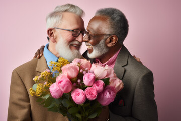 Wall Mural - Happy senior couple with flowers.