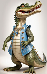 Wall Mural - Anthropomorphic caricature crocodile Wearing a cinderella-dress clothing, standing, full body view, isolated on white paper background