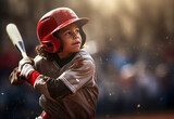 Fototapeta  - Young batter hitting the ball in a youth baseball game