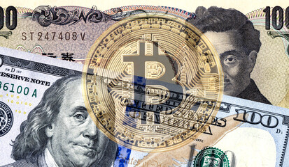 Wall Mural - Japanese yen banknote, american dollar and translucent image of Bitcoin