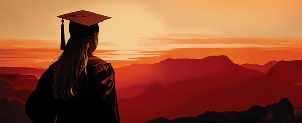 Canvas Print -  Silhouetted against a dramatic sunset, a graduate contemplates the vast landscape ahead, symbolizing the endless possibilities after graduation. The vast skies and warm hues create a backdrop for con