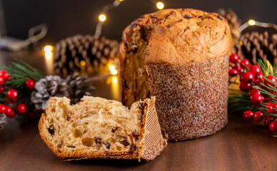 Wall Mural - Traditional Christmas panettone (Chocottone) on wooden table.