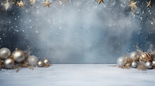 Some Golden And Silver Christmas Ornaments Are Arranged On A Snow Covered Background. Dozens Of Silver And Gold Christmas Balls In Snow.