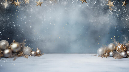 some golden and silver christmas ornaments are arranged on a snow covered background. dozens of silv