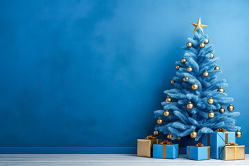 blue wall and blue christmas tree with gift boxes
