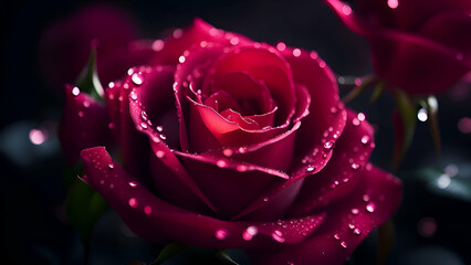 Wall Mural - Red rose close up with waterdrops.