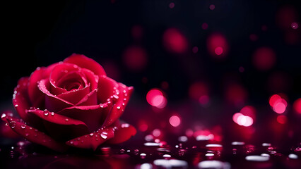 Wall Mural - Red rose flower with drops on black background.