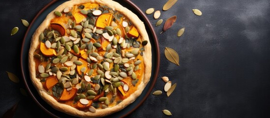 Leinwandbilder - round pie with a cut piece with pumpkin seeds from corn and rice flour on a gray plate on a black background top view gluten free baked goods made at home. Copyspace image. Square banner