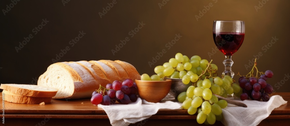 Communion Header Wine cup surrounded by bread and grapes as symbols of communion ...