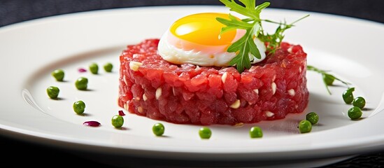 Poster - Tasty Steak tartare Raw beef classic steak tartare on white plate. Copyspace image. Header for website template