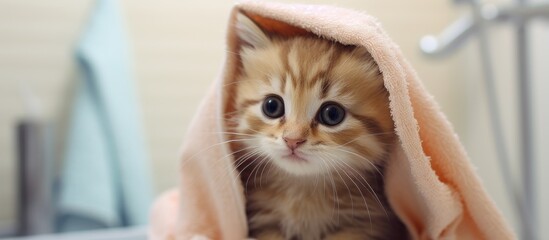 Poster - Woman wipes wet kitten with a towel after bathing. Copyspace image. Header for website template