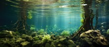 Riparian Habitat Ecosystem Of Forest Lake Shore With Tree Roots Moss And Aquatic Plants In A Over Under Split Underwater View. Copyspace Image. Header For Website Template