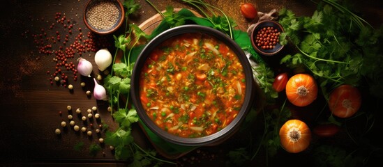 Wall Mural - Vegetarian vegetable lentil soup with fresh parsley healthy eating top view. Copyspace image. Header for website template