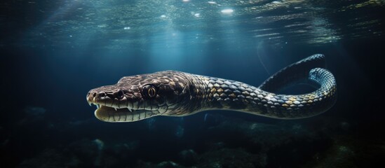 Venomous sea snake Yellow lipped sea krait Laticauda colubrina swimming over the seabed Tropical sea animal scuba diving with the marine life Poisonous sea snake underwater. Copyspace image