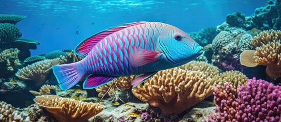  Underwater photo of beautifully colored blue barred parrotfish swimming among coral reefs. Copyspace image. Header for website template