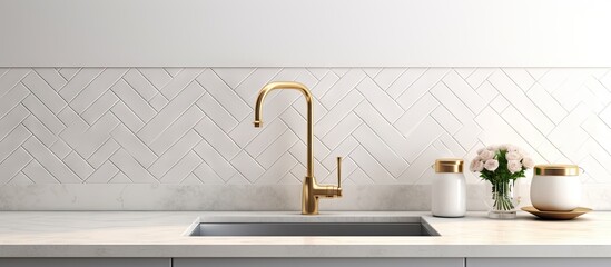 Poster - Sink detail shot in a luxury kitchen with herringbone backsplash tiles white marble countertop and gold faucet. Copyspace image. Header for website template