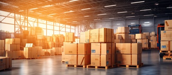 Poster - Shipment cartons box on pallets and wooden case on hand lift in interior warehouse cargo for export and sorting goods in freight logistics and transportation industrial delivery service