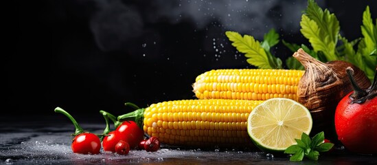 Poster - summer food ideas for barbecue and grill parties grilled corn grilled on fire with a sprinkle of che