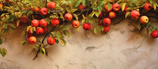 Fototapete - Rows of idared apples growing at apple orchard Espalier apples growing in apple orchard in autumn Selective focus. Copyspace image. Header for website template