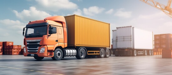 Poster - Semi Trailer Trucks Parked Loading at Dock Warehouse Shipping Cargo Container Delivery Trucks Loading Distribution Warehouse Freight Trucks Cargo Transport Warehouse Logistics. Copyspace image
