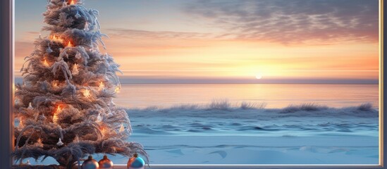 Poster - Winter trees and a sea view during a golden sunset seen through a patio window There is a defocused pretty frosted atifical Christmas tree with fairy lights in the foreground. Copyspace image