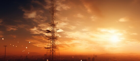Poster - Telephone tower radio tower during sunset Telecommunication Tower for 2G 3G 4G 5G network Cellular phone antenna BTS microwave repeater base station IOT telecommunication tower on golden sky
