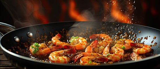 Fototapete - Shrimps are fried in oil in a frying pan. Copyspace image. Header for website template