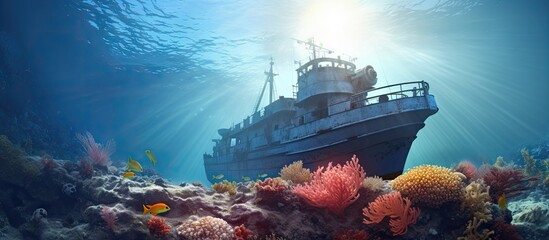 Poster - Ship wreck Tugboat in shallow water of coral reef in Caribbean sea with Curacao Flag view to surface and sunbeams. Copyspace image. Header for website template
