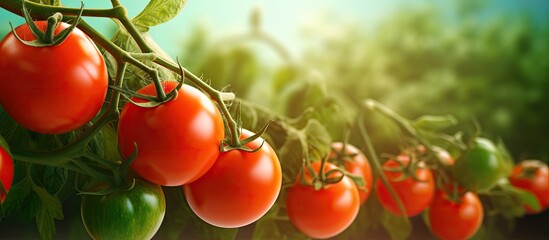 Aufkleber - Three ripe tomatoes and several young ones on a green branch Home grown tomato vegetables Harvest autumn vegetables on organic farm. Copyspace image. Header for website template