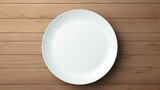 Fototapeta Dmuchawce - An empty white plate on a wooden table, top view. AI generated