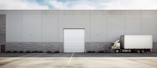 Wall Mural - warehouse industrial building Exterior facade with semi truck loading dock door entrance. Copyspace image. Square banner. Header for website template