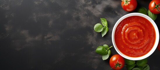 Aufkleber - Tomato ketchup sauce in a bowl with basil and tomatoes Top view. Copyspace image. Square banner. Header for website template
