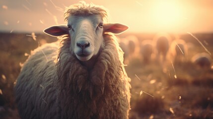 Poster - A sheep standing in a field with the sun setting in the background. Suitable for nature and farm-related designs