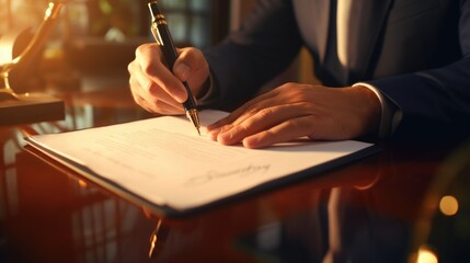 Poster - A man in a suit writing on a piece of paper. Suitable for business, office, and communication concepts