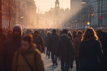 Poster - A large group of people walking down a street. Suitable for urban scenes or events