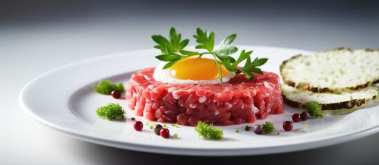 Wall Mural - Tasty Steak tartare Raw beef classic steak tartare on white plate. Copyspace image. Square banner. Header for website template