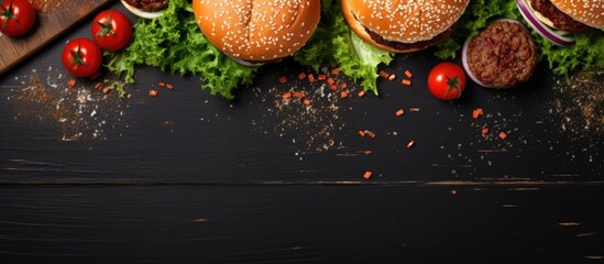 Leinwandbilder - Tasty grilled home made burgers with beef tomato cheese cucumber and lettuce Top view with copy space. Copyspace image. Square banner. Header for website template