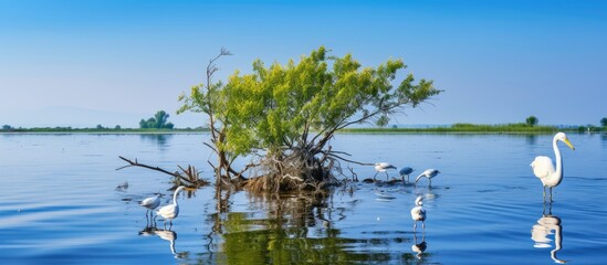 Poster - Wild life birds photography a majestic bird soaring above a pristine water ecosystem showcasing the diversity of life in the biosphere in Danube Delta Romania. Copyspace image. Square banner
