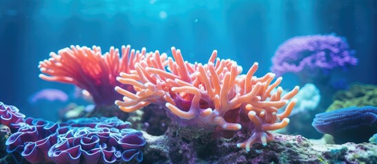 Poster - Underwater Coral Garden Leather Coral in Coral Reef Tropical Marine Life Vibrant Underwater Ecosystem Coral Garden Under the Sea. Copyspace image. Square banner. Header for website template