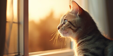 Aufkleber - A cat sitting by a window, gazing at the warm sun. Perfect for illustrating a cozy home or a peaceful moment.