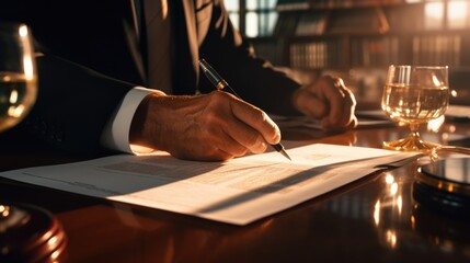 Aufkleber - A man in a suit is writing on a piece of paper. Suitable for business and office-related concepts