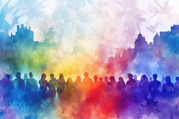 Poster - A group of people standing together in front of a city. This image can be used to represent teamwork, community, or urban lifestyle