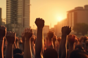 Poster - A dynamic image capturing a crowd of people enthusiastically raising their hands. Perfect for illustrating unity, celebration, and collective joy. Ideal for websites, blogs, and marketing materials