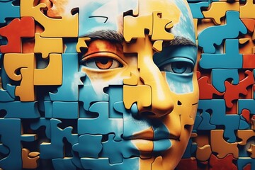 Aufkleber - A man's face is surrounded by puzzle pieces. This image can be used to represent problem-solving, creativity, or the concept of finding solutions