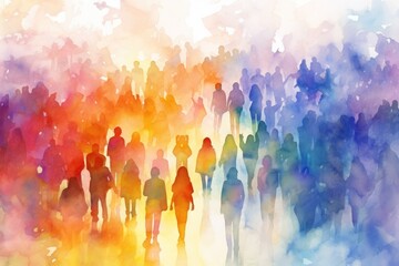 Poster - A large group of people walking together in a line. Suitable for team-building, community, and social themes